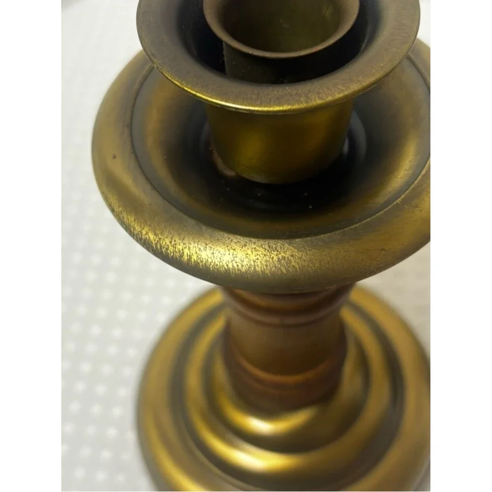 VTG HOMCO Antiqued Brass and Wood Candlesticks Pair Classic Mid Century Modern